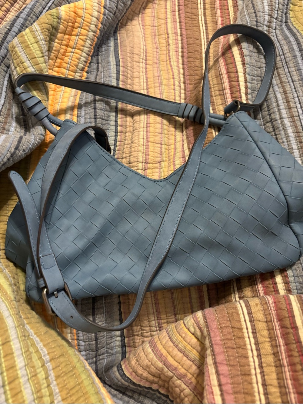 Woven Leather Shoulder Bag in Slate Blue